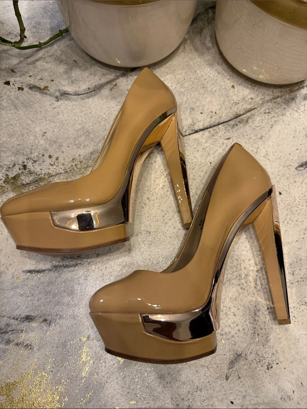 B Brian Atwood Nude Patent Platform Pumps with metallic Trim size 6